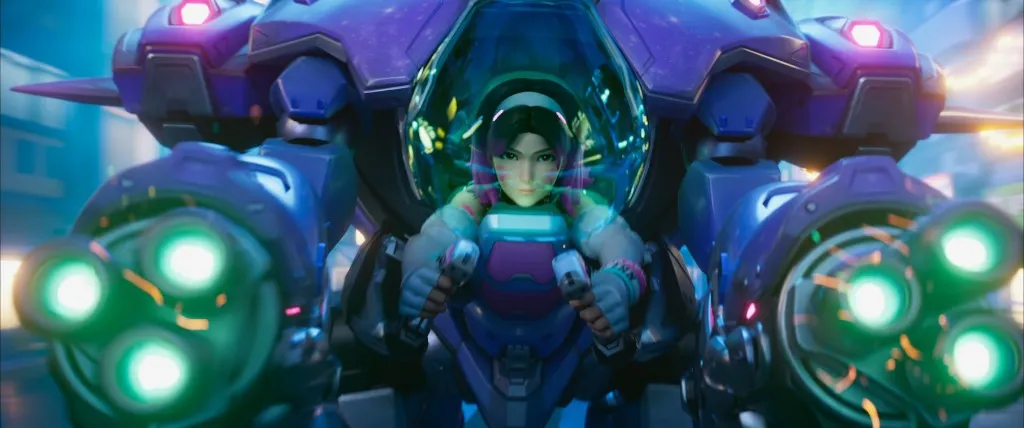 緑色のキャノンを構えたメカに乗るD.Va