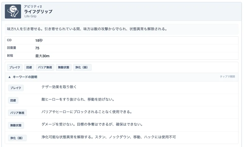 ヒーローページのアビリティカード内に表示されたキーワード
