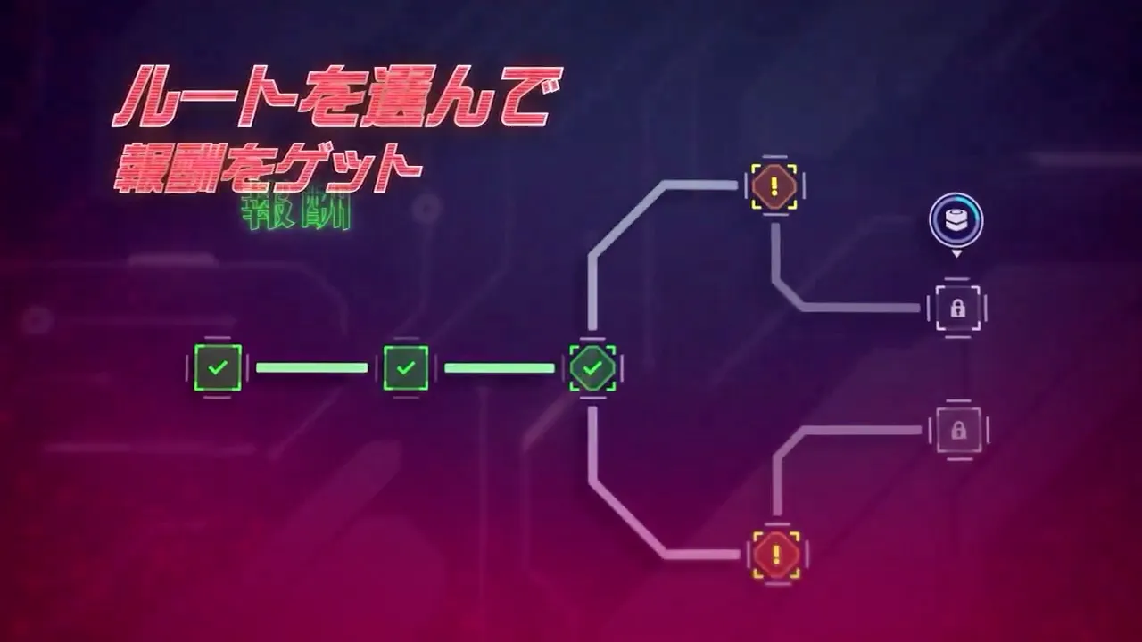 ルートを選んで報酬を得る画面が映る場面。
