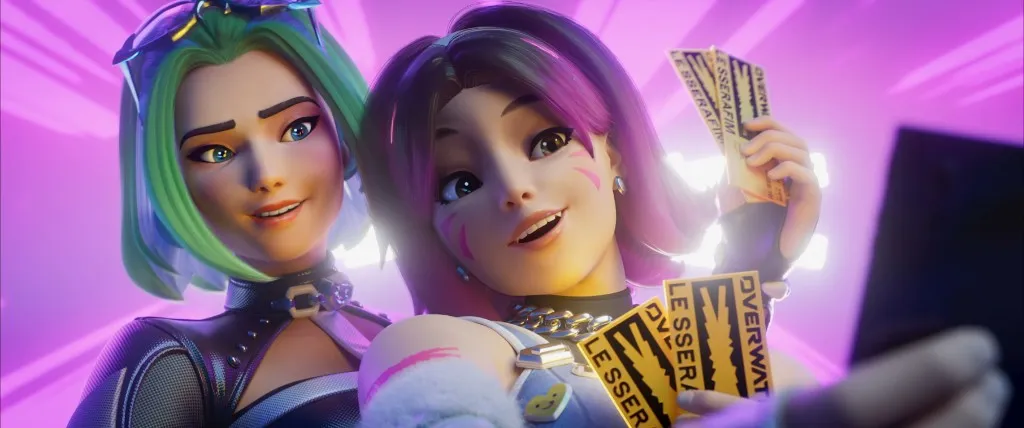 OVERWATCHとLE SSERAFIMのチケットを持って自撮りするD.MonとD.Va