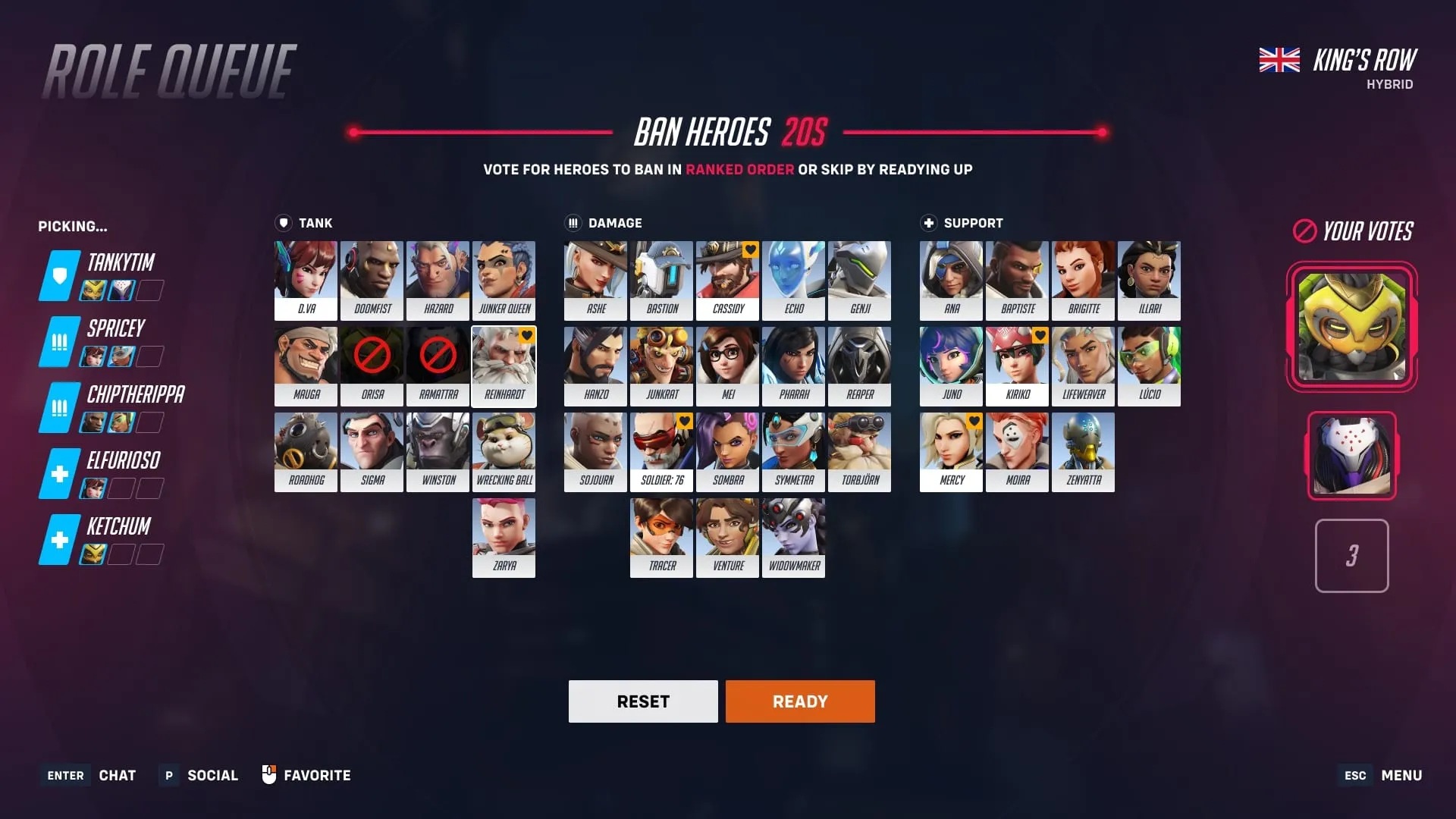ヒーローを優先順に3人まで選択するヒーローBAN投票画面